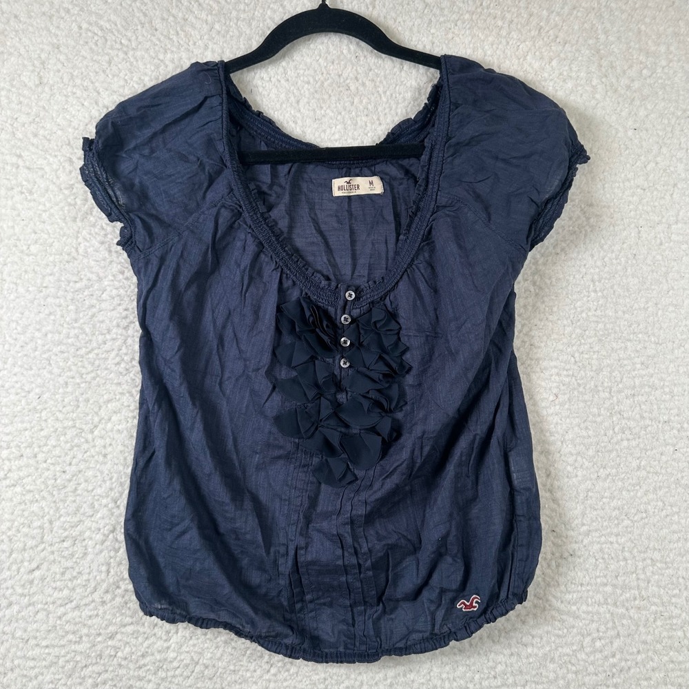 Hollister Ruffle Bib Blouse Cotton Top M Navy Blue Boho Peasant Cottagecore